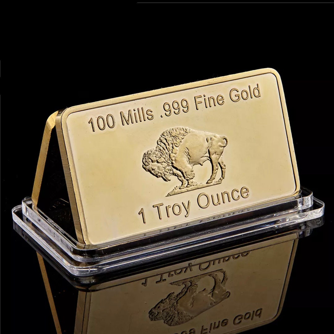 100 Mills .999 Fine Gold Bar Buffalo Design 1 Oz with Plastic Case